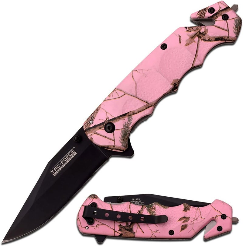 Tac-Force - Folding Pocket Knife – Black Fine Edge Tanto Blade, Pink Camo Coated Aluminum Handle, Rope Cutter, Glass Punch, Pocket Clip, Tactical, EDC, Rescue - TF-499PC - Image 1